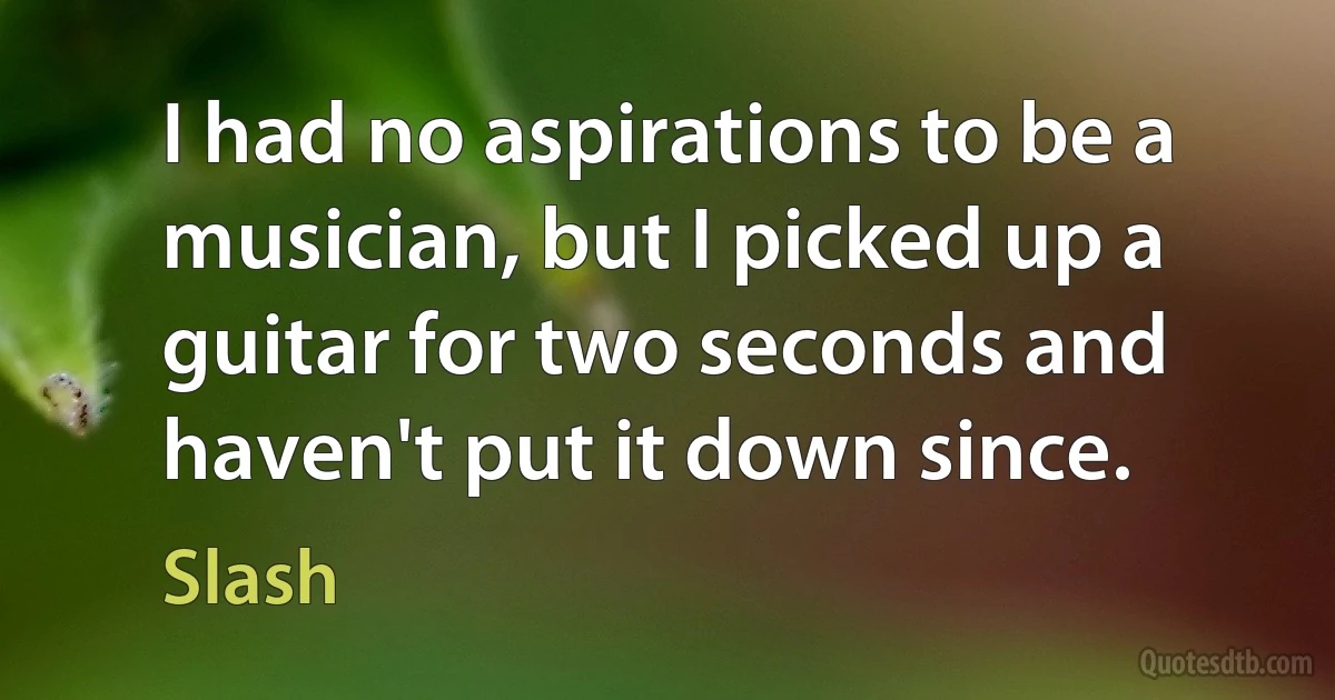 I had no aspirations to be a musician, but I picked up a guitar for two seconds and haven't put it down since. (Slash)
