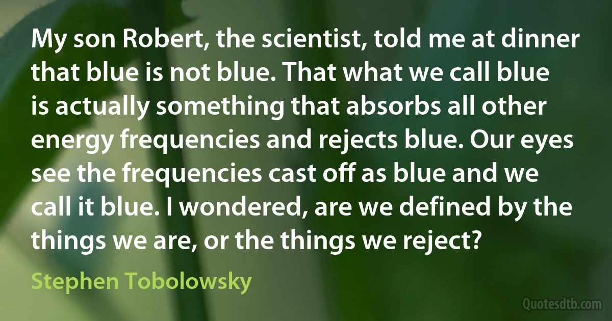 My son Robert, the scientist, told me at dinner that blue is not blue. That what we call blue is actually something that absorbs all other energy frequencies and rejects blue. Our eyes see the frequencies cast off as blue and we call it blue. I wondered, are we defined by the things we are, or the things we reject? (Stephen Tobolowsky)