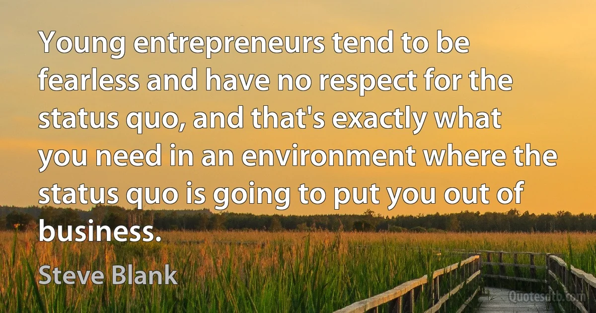 Young entrepreneurs tend to be fearless and have no respect for the status quo, and that's exactly what you need in an environment where the status quo is going to put you out of business. (Steve Blank)