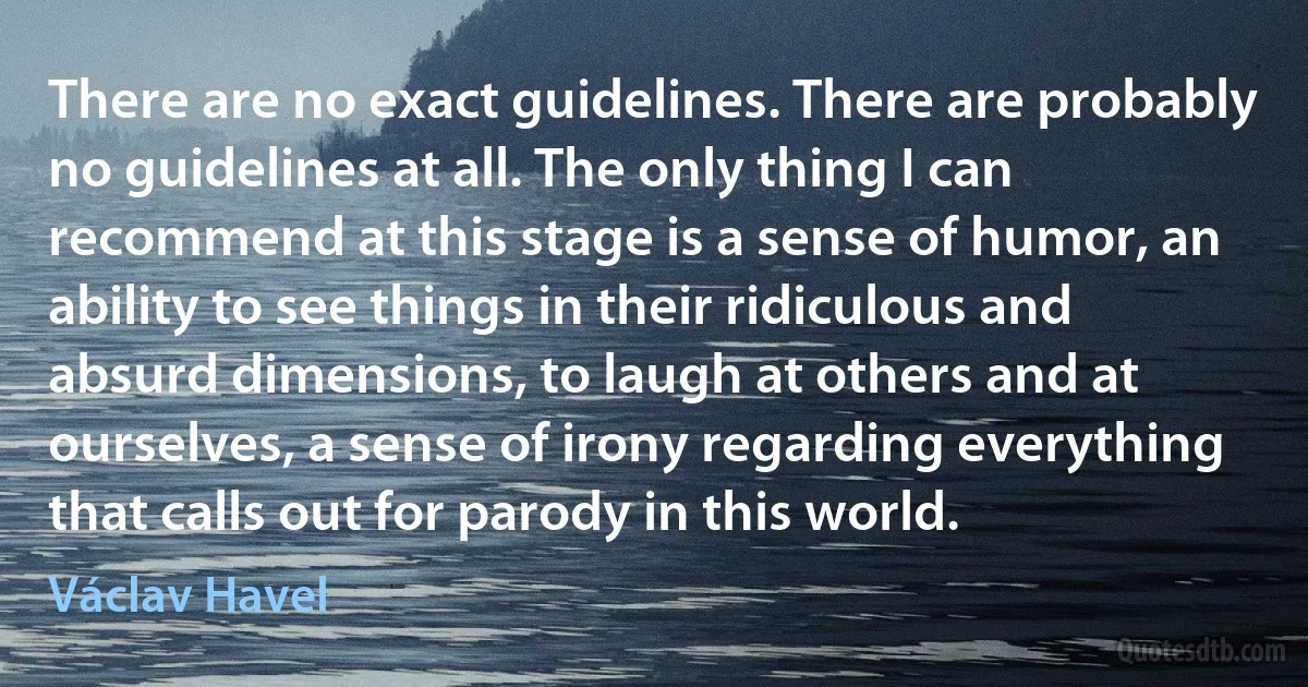 There are no exact guidelines. There are probably no guidelines at all. The only thing I can recommend at this stage is a sense of humor, an ability to see things in their ridiculous and absurd dimensions, to laugh at others and at ourselves, a sense of irony regarding everything that calls out for parody in this world. (Václav Havel)