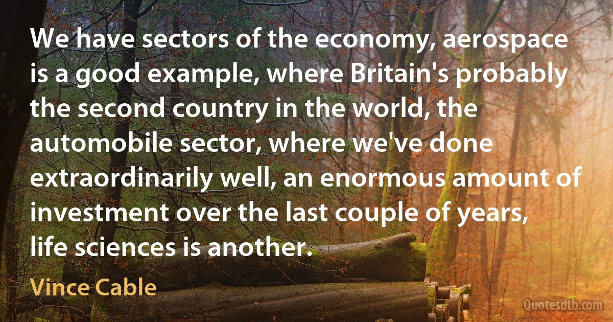 We have sectors of the economy, aerospace is a good example, where Britain's probably the second country in the world, the automobile sector, where we've done extraordinarily well, an enormous amount of investment over the last couple of years, life sciences is another. (Vince Cable)