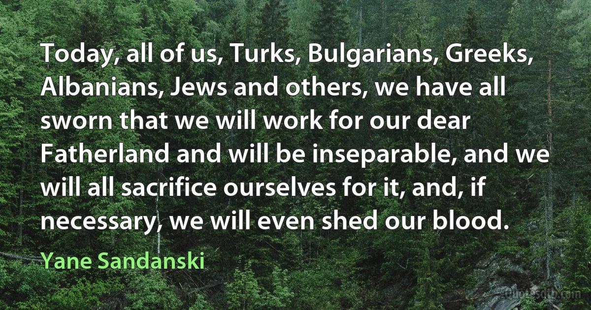 Today, all of us, Turks, Bulgarians, Greeks, Albanians, Jews and others, we have all sworn that we will work for our dear Fatherland and will be inseparable, and we will all sacrifice ourselves for it, and, if necessary, we will even shed our blood. (Yane Sandanski)