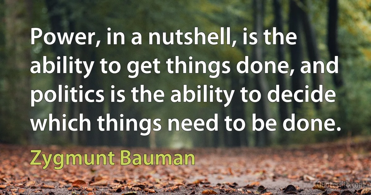 Power, in a nutshell, is the ability to get things done, and politics is the ability to decide which things need to be done. (Zygmunt Bauman)