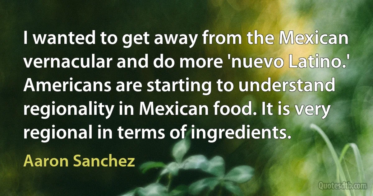 I wanted to get away from the Mexican vernacular and do more 'nuevo Latino.' Americans are starting to understand regionality in Mexican food. It is very regional in terms of ingredients. (Aaron Sanchez)