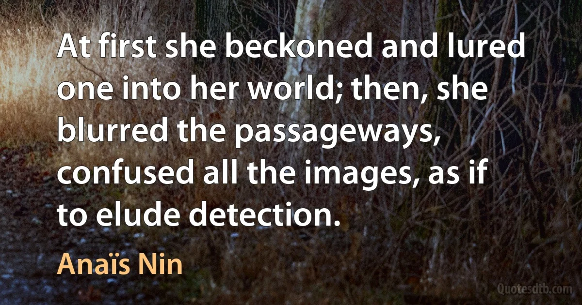 At first she beckoned and lured one into her world; then, she blurred the passageways, confused all the images, as if to elude detection. (Anaïs Nin)