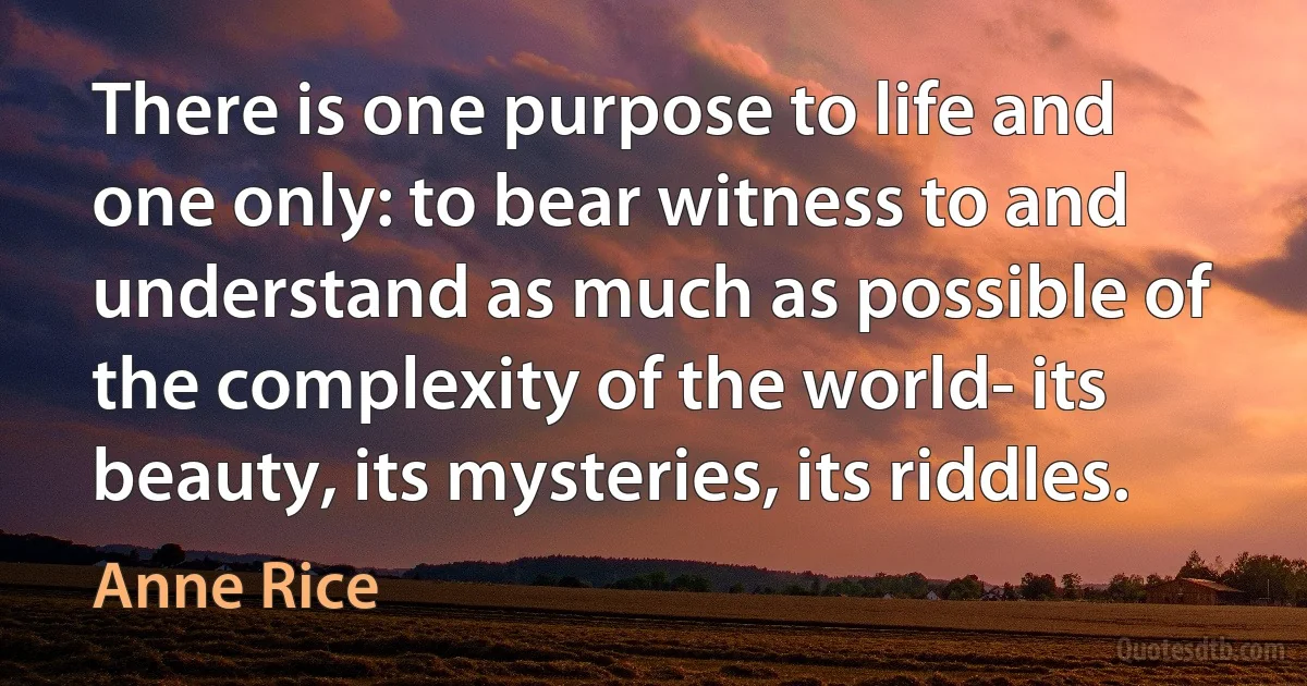 There is one purpose to life and one only: to bear witness to and understand as much as possible of the complexity of the world- its beauty, its mysteries, its riddles. (Anne Rice)