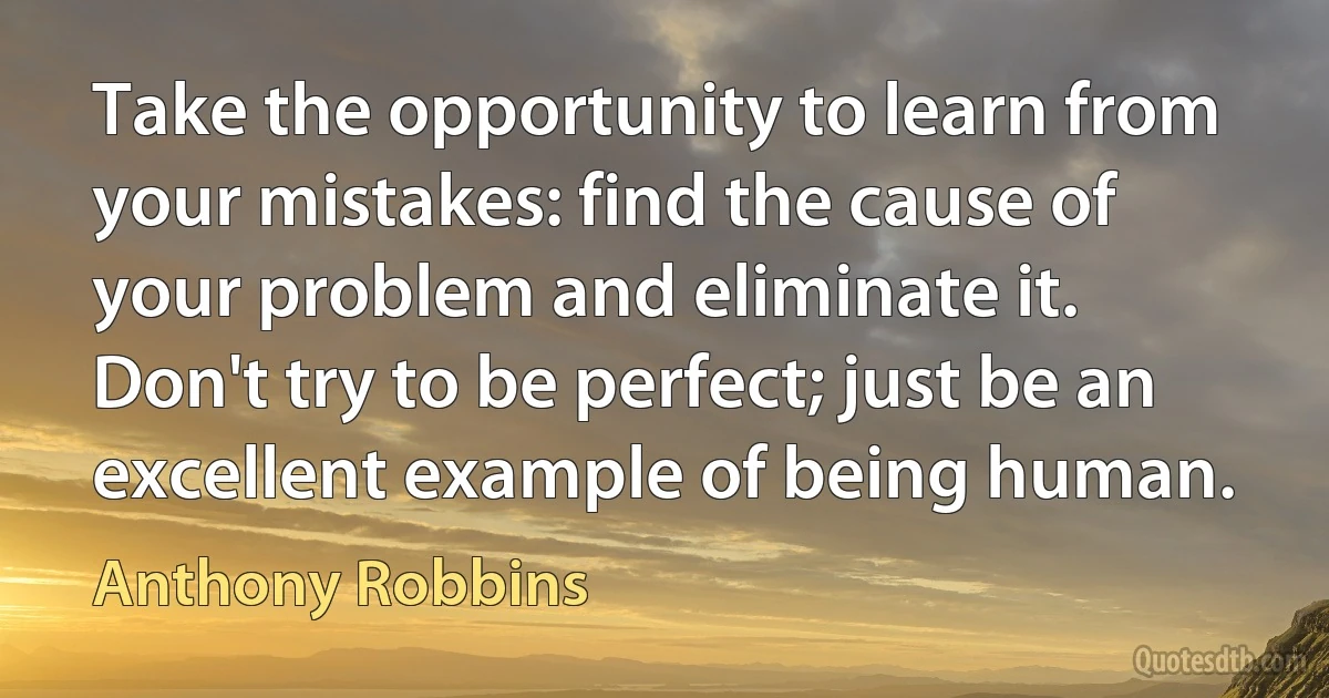 Take the opportunity to learn from your mistakes: find the cause of your problem and eliminate it. Don't try to be perfect; just be an excellent example of being human. (Anthony Robbins)