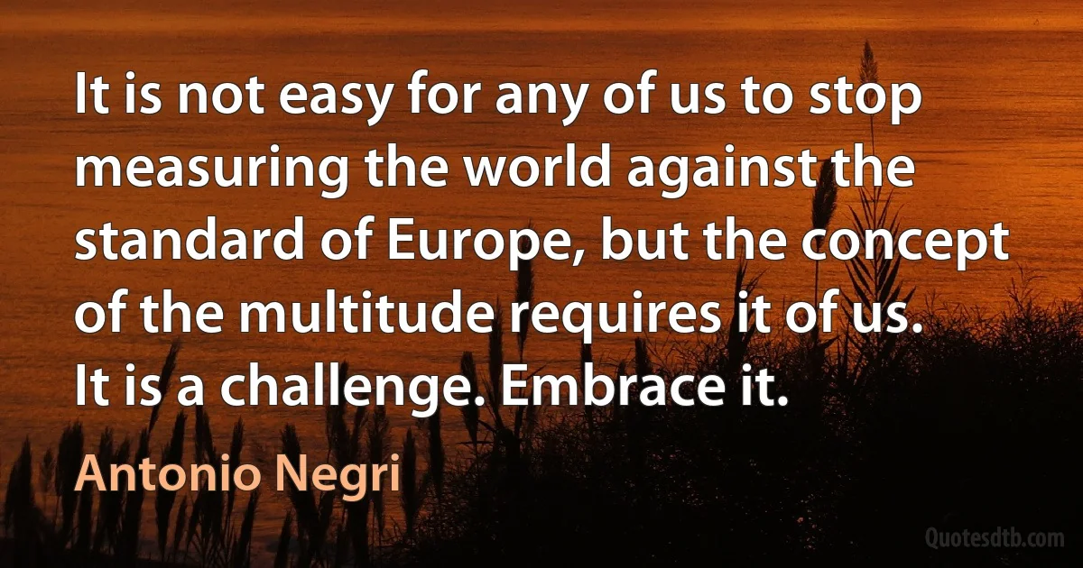 It is not easy for any of us to stop measuring the world against the standard of Europe, but the concept of the multitude requires it of us. It is a challenge. Embrace it. (Antonio Negri)