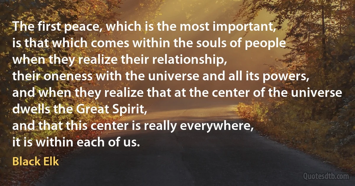 The first peace, which is the most important,
is that which comes within the souls of people 
when they realize their relationship,
their oneness with the universe and all its powers, 
and when they realize that at the center of the universe
dwells the Great Spirit, 
and that this center is really everywhere, 
it is within each of us. (Black Elk)