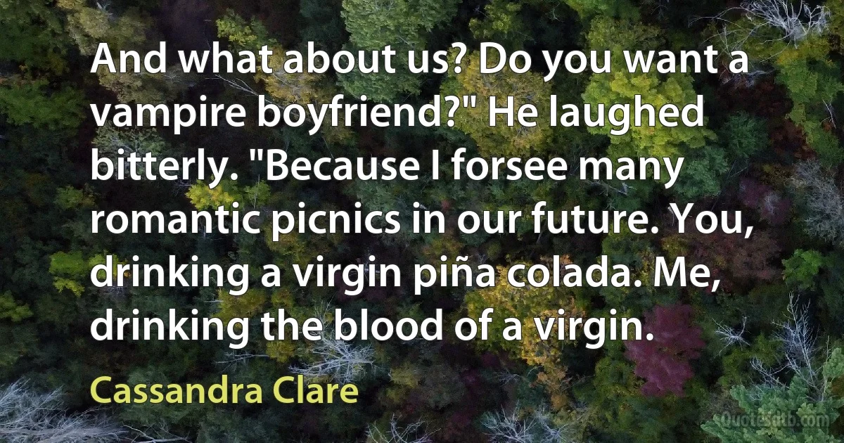 And what about us? Do you want a vampire boyfriend?" He laughed bitterly. "Because I forsee many romantic picnics in our future. You, drinking a virgin piña colada. Me, drinking the blood of a virgin. (Cassandra Clare)