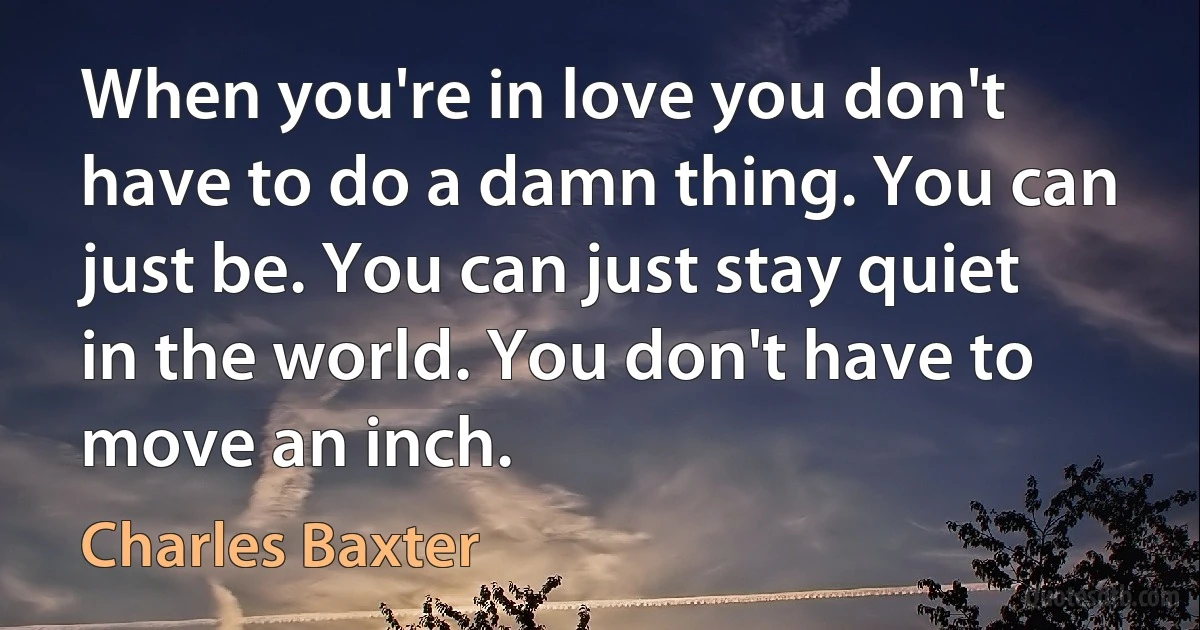 When you're in love you don't have to do a damn thing. You can just be. You can just stay quiet in the world. You don't have to move an inch. (Charles Baxter)