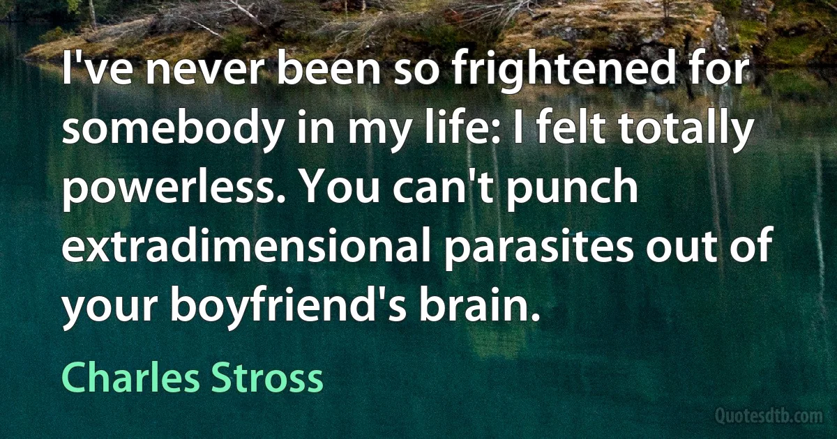 I've never been so frightened for somebody in my life: I felt totally powerless. You can't punch extradimensional parasites out of your boyfriend's brain. (Charles Stross)