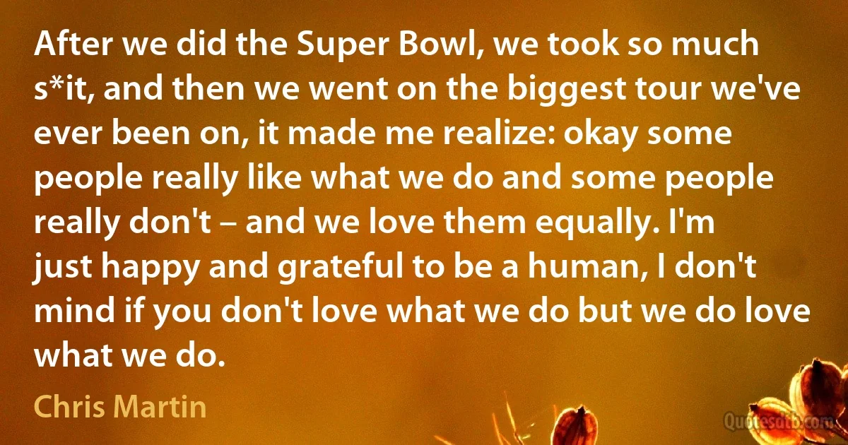 After we did the Super Bowl, we took so much s*it, and then we went on the biggest tour we've ever been on, it made me realize: okay some people really like what we do and some people really don't – and we love them equally. I'm just happy and grateful to be a human, I don't mind if you don't love what we do but we do love what we do. (Chris Martin)