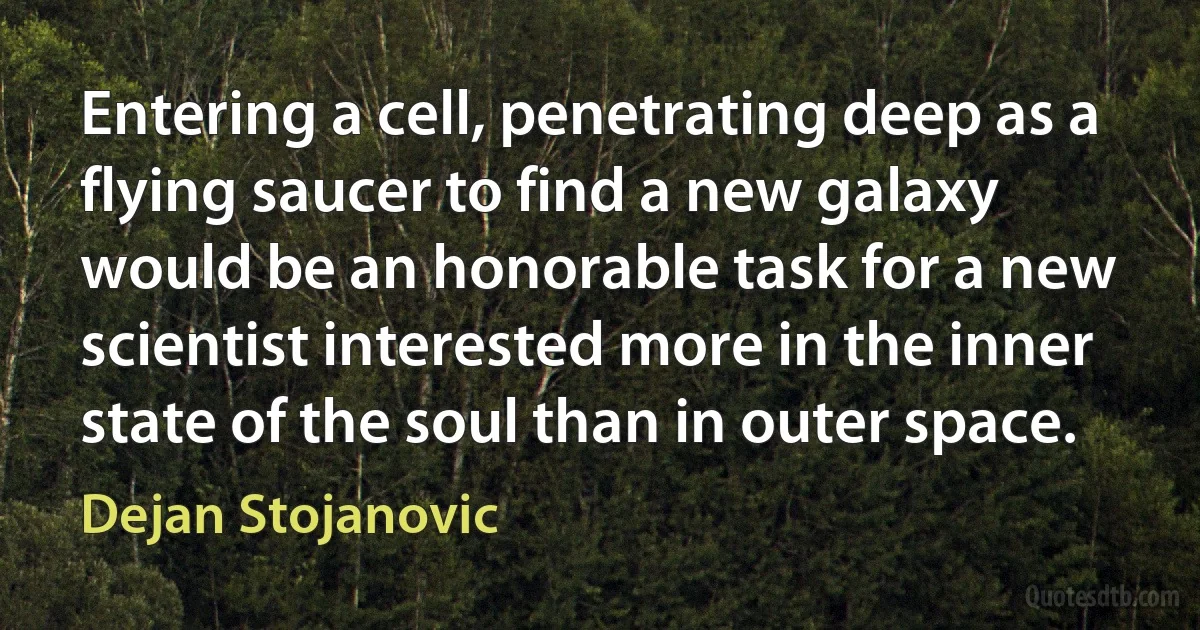 Entering a cell, penetrating deep as a flying saucer to find a new galaxy would be an honorable task for a new scientist interested more in the inner state of the soul than in outer space. (Dejan Stojanovic)