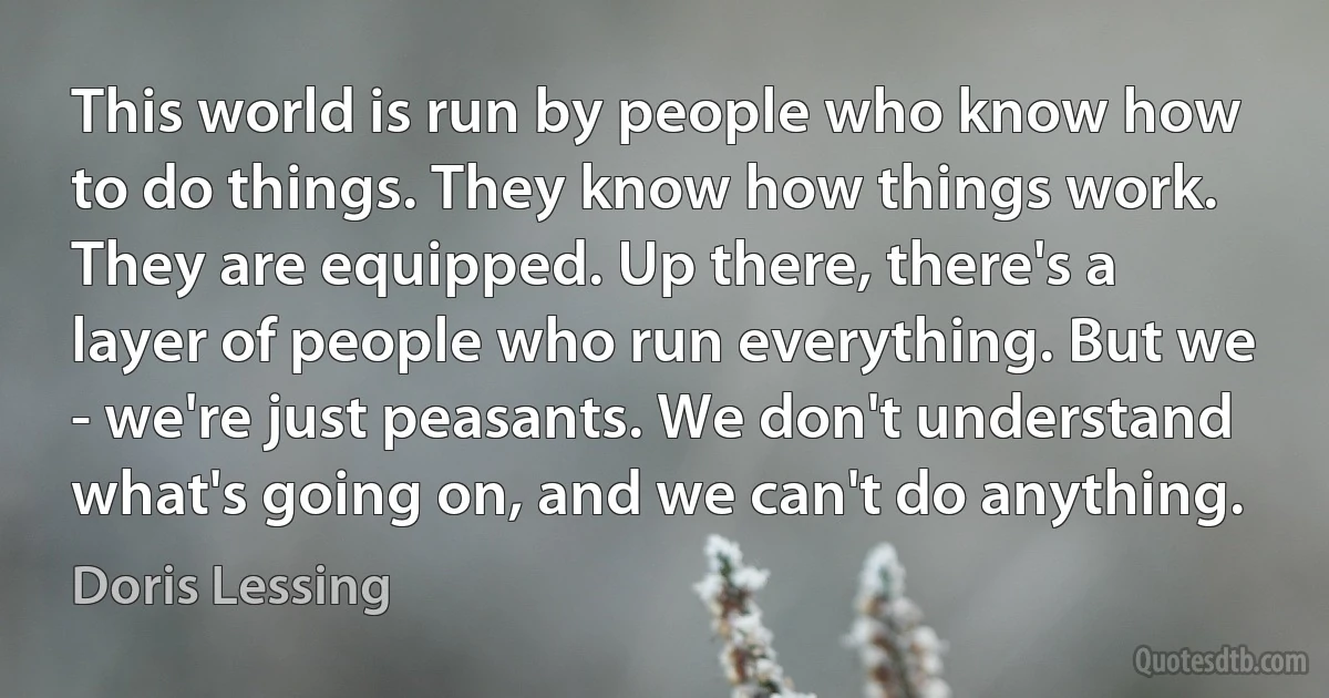 This world is run by people who know how to do things. They know how things work. They are equipped. Up there, there's a layer of people who run everything. But we - we're just peasants. We don't understand what's going on, and we can't do anything. (Doris Lessing)