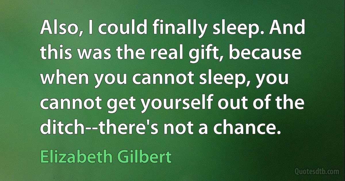 Also, I could finally sleep. And this was the real gift, because when you cannot sleep, you cannot get yourself out of the ditch--there's not a chance. (Elizabeth Gilbert)