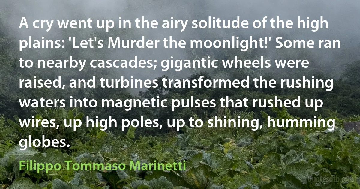 A cry went up in the airy solitude of the high plains: 'Let's Murder the moonlight!' Some ran to nearby cascades; gigantic wheels were raised, and turbines transformed the rushing waters into magnetic pulses that rushed up wires, up high poles, up to shining, humming globes. (Filippo Tommaso Marinetti)