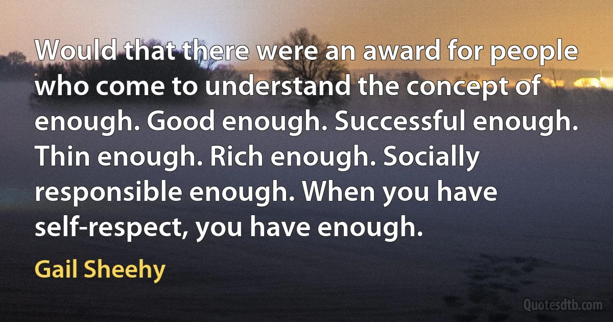 Would that there were an award for people who come to understand the concept of enough. Good enough. Successful enough. Thin enough. Rich enough. Socially responsible enough. When you have self-respect, you have enough. (Gail Sheehy)