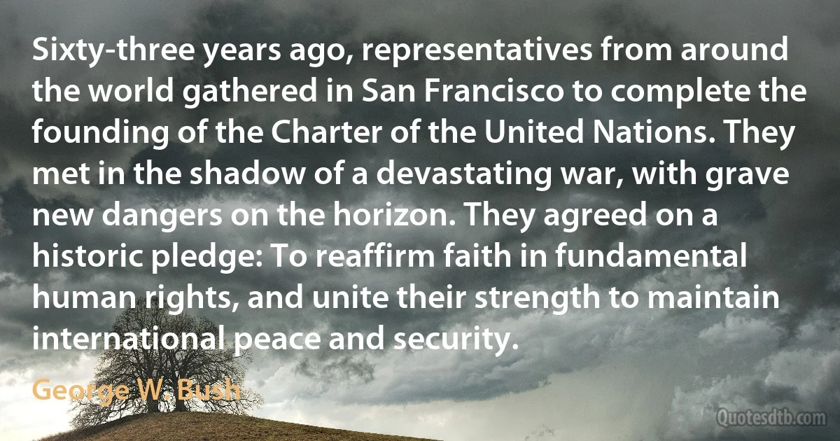 Sixty-three years ago, representatives from around the world gathered in San Francisco to complete the founding of the Charter of the United Nations. They met in the shadow of a devastating war, with grave new dangers on the horizon. They agreed on a historic pledge: To reaffirm faith in fundamental human rights, and unite their strength to maintain international peace and security. (George W. Bush)