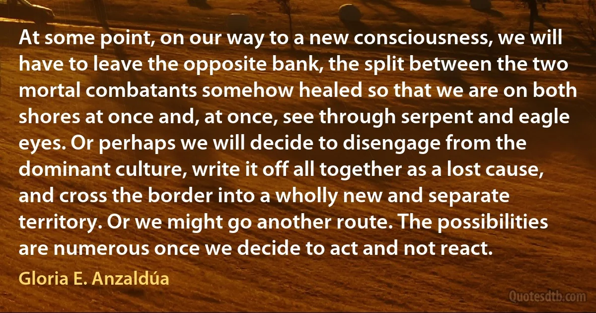 At some point, on our way to a new consciousness, we will have to leave the opposite bank, the split between the two mortal combatants somehow healed so that we are on both shores at once and, at once, see through serpent and eagle eyes. Or perhaps we will decide to disengage from the dominant culture, write it off all together as a lost cause, and cross the border into a wholly new and separate territory. Or we might go another route. The possibilities are numerous once we decide to act and not react. (Gloria E. Anzaldúa)