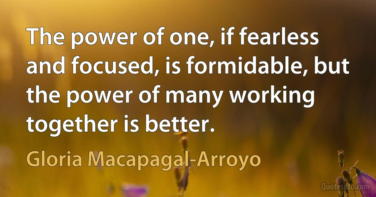 The power of one, if fearless and focused, is formidable, but the power of many working together is better. (Gloria Macapagal-Arroyo)