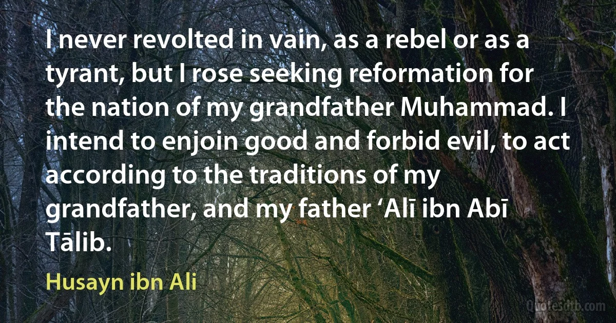 I never revolted in vain, as a rebel or as a tyrant, but I rose seeking reformation for the nation of my grandfather Muhammad. I intend to enjoin good and forbid evil, to act according to the traditions of my grandfather, and my father ‘Alī ibn Abī Tālib. (Husayn ibn Ali)