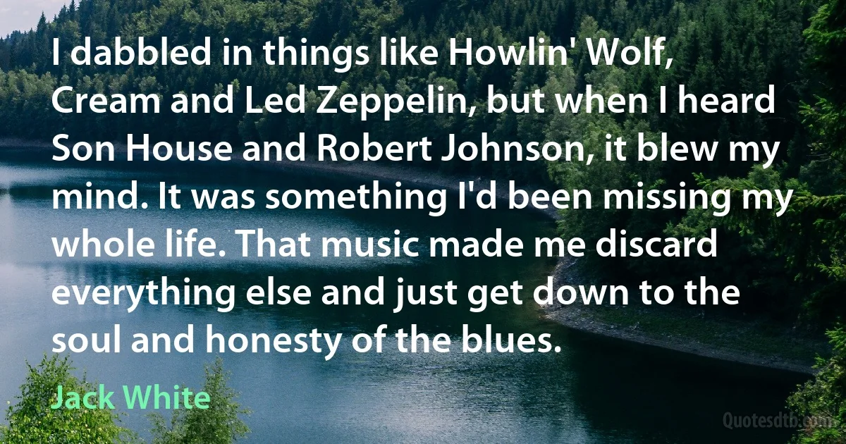 I dabbled in things like Howlin' Wolf, Cream and Led Zeppelin, but when I heard Son House and Robert Johnson, it blew my mind. It was something I'd been missing my whole life. That music made me discard everything else and just get down to the soul and honesty of the blues. (Jack White)