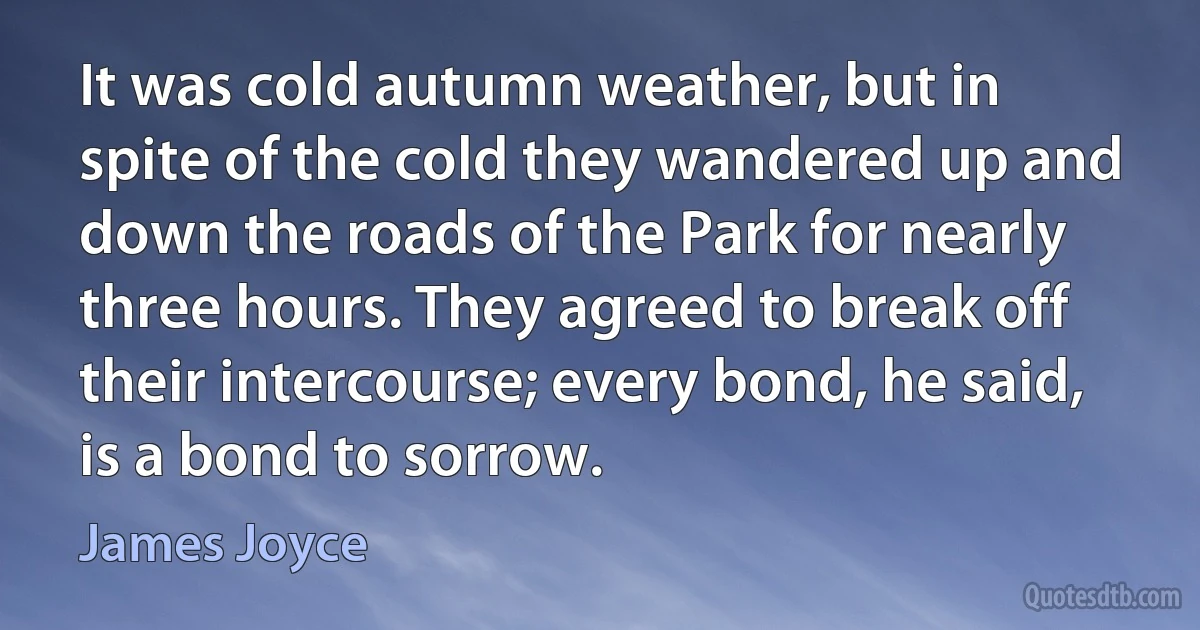 It was cold autumn weather, but in spite of the cold they wandered up and down the roads of the Park for nearly three hours. They agreed to break off their intercourse; every bond, he said, is a bond to sorrow. (James Joyce)