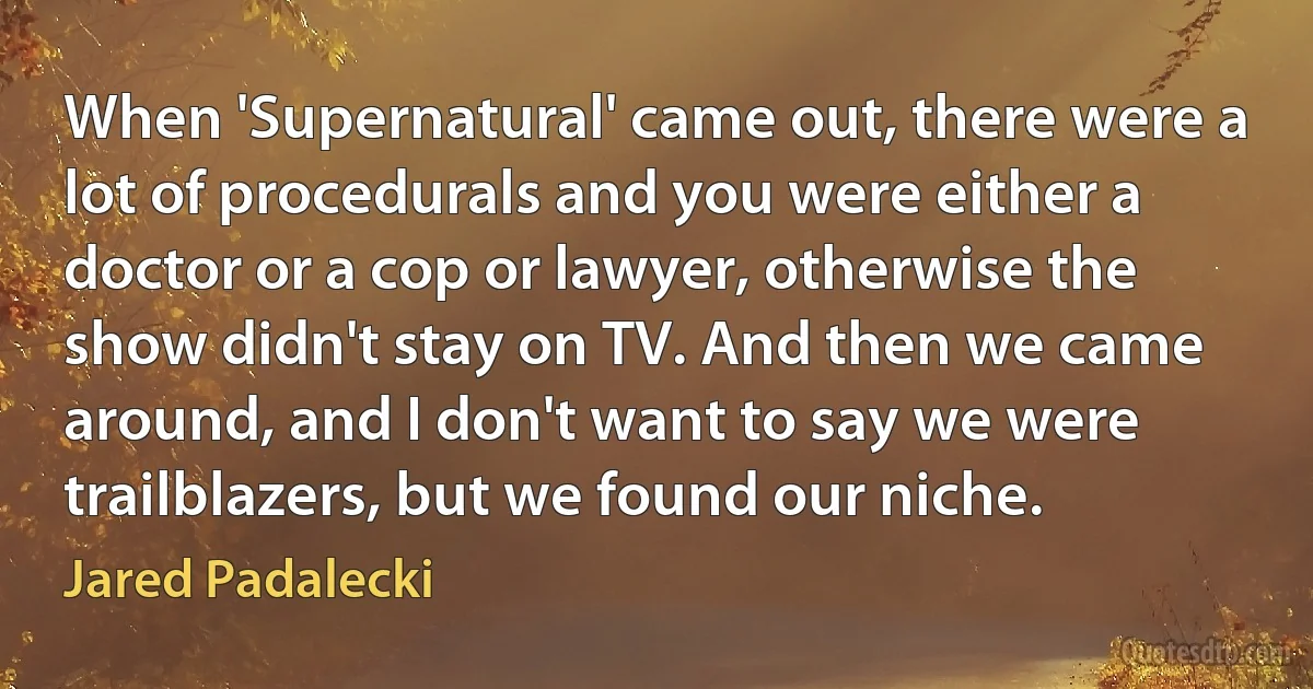 When 'Supernatural' came out, there were a lot of procedurals and you were either a doctor or a cop or lawyer, otherwise the show didn't stay on TV. And then we came around, and I don't want to say we were trailblazers, but we found our niche. (Jared Padalecki)