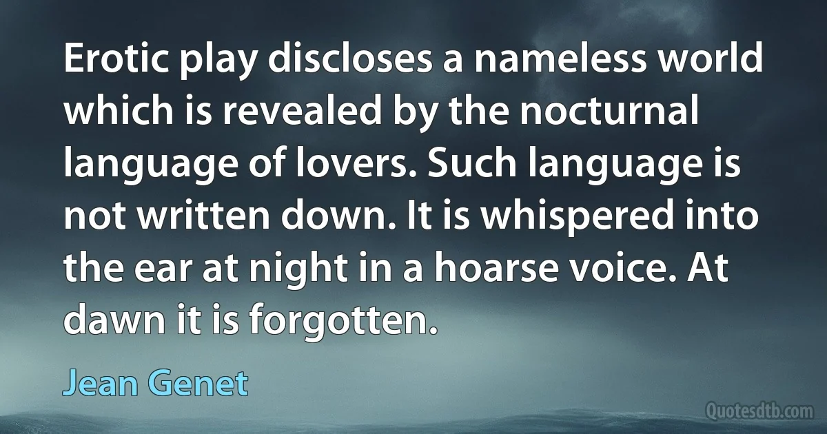 Erotic play discloses a nameless world which is revealed by the nocturnal language of lovers. Such language is not written down. It is whispered into the ear at night in a hoarse voice. At dawn it is forgotten. (Jean Genet)