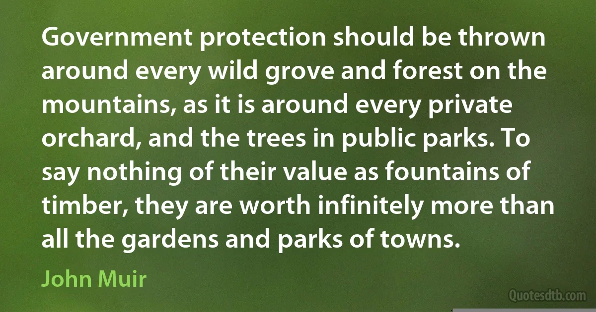 Government protection should be thrown around every wild grove and forest on the mountains, as it is around every private orchard, and the trees in public parks. To say nothing of their value as fountains of timber, they are worth infinitely more than all the gardens and parks of towns. (John Muir)