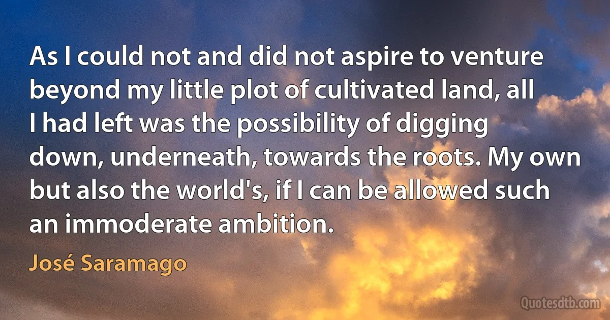 As I could not and did not aspire to venture beyond my little plot of cultivated land, all I had left was the possibility of digging down, underneath, towards the roots. My own but also the world's, if I can be allowed such an immoderate ambition. (José Saramago)