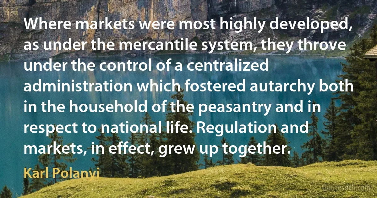 Where markets were most highly developed, as under the mercantile system, they throve under the control of a centralized administration which fostered autarchy both in the household of the peasantry and in respect to national life. Regulation and markets, in effect, grew up together. (Karl Polanyi)