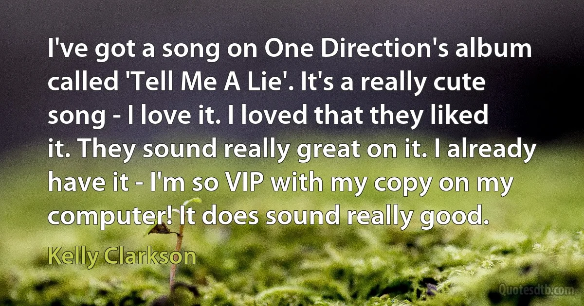 I've got a song on One Direction's album called 'Tell Me A Lie'. It's a really cute song - I love it. I loved that they liked it. They sound really great on it. I already have it - I'm so VIP with my copy on my computer! It does sound really good. (Kelly Clarkson)