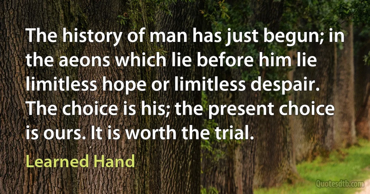 The history of man has just begun; in the aeons which lie before him lie limitless hope or limitless despair. The choice is his; the present choice is ours. It is worth the trial. (Learned Hand)