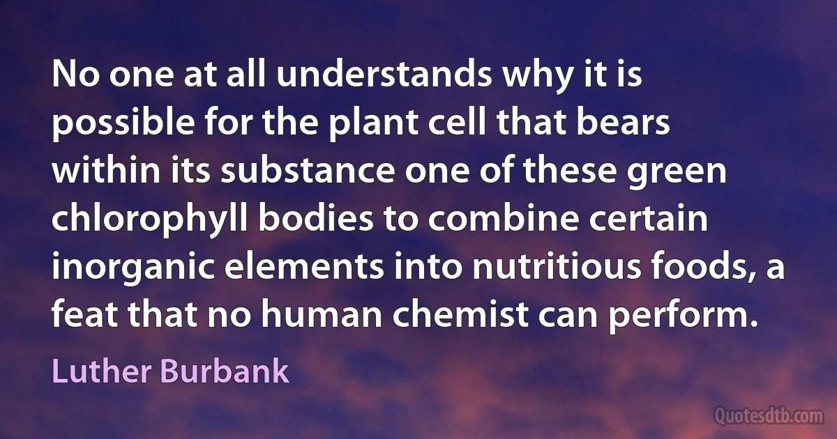 No one at all understands why it is possible for the plant cell that bears within its substance one of these green chlorophyll bodies to combine certain inorganic elements into nutritious foods, a feat that no human chemist can perform. (Luther Burbank)