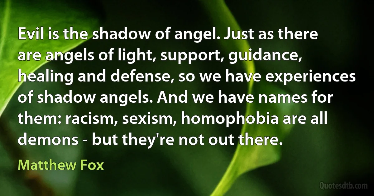 Evil is the shadow of angel. Just as there are angels of light, support, guidance, healing and defense, so we have experiences of shadow angels. And we have names for them: racism, sexism, homophobia are all demons - but they're not out there. (Matthew Fox)