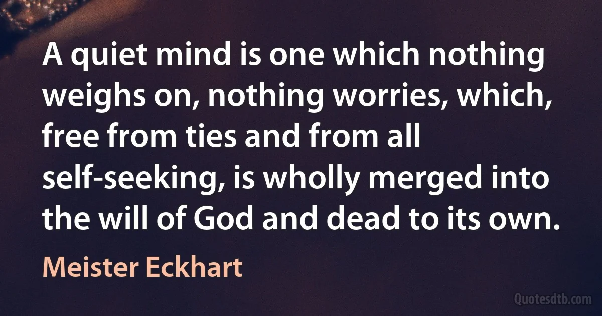 A quiet mind is one which nothing weighs on, nothing worries, which, free from ties and from all self-seeking, is wholly merged into the will of God and dead to its own. (Meister Eckhart)