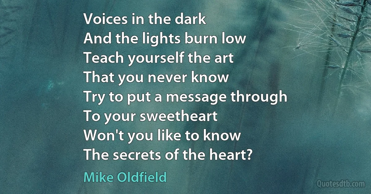 Voices in the dark
And the lights burn low
Teach yourself the art
That you never know
Try to put a message through
To your sweetheart
Won't you like to know
The secrets of the heart? (Mike Oldfield)