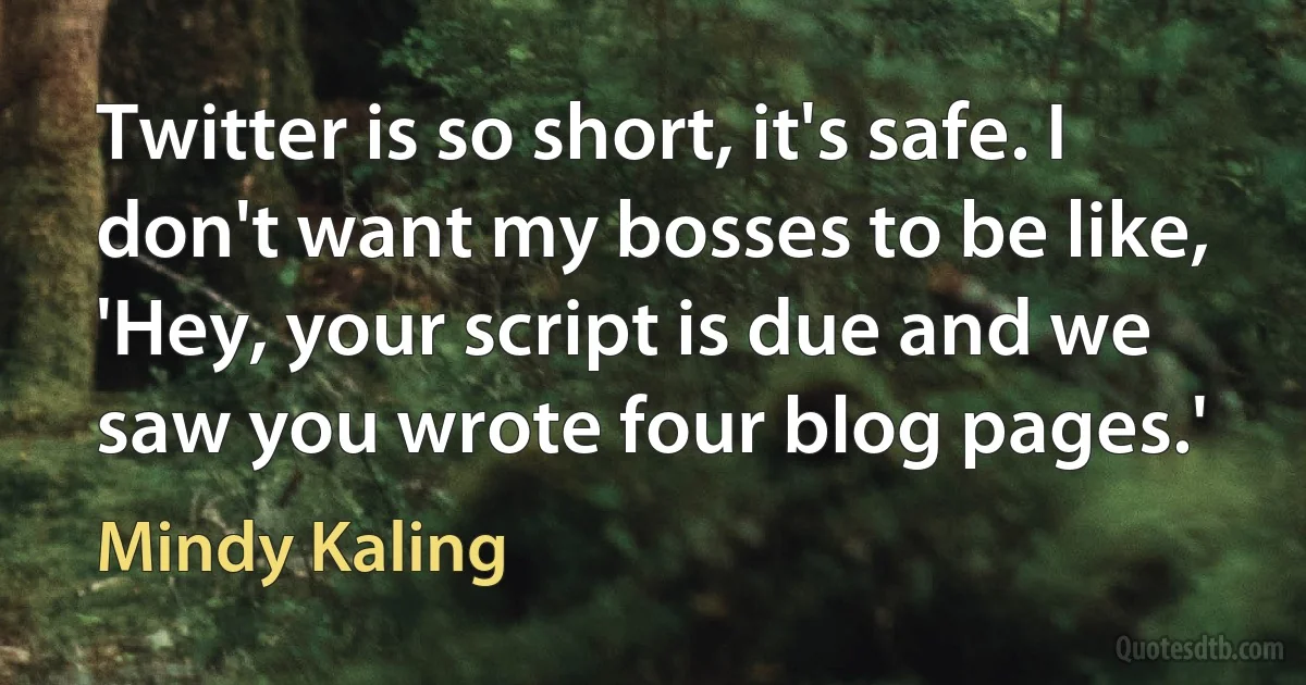 Twitter is so short, it's safe. I don't want my bosses to be like, 'Hey, your script is due and we saw you wrote four blog pages.' (Mindy Kaling)