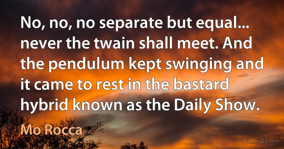 No, no, no separate but equal... never the twain shall meet. And the pendulum kept swinging and it came to rest in the bastard hybrid known as the Daily Show. (Mo Rocca)