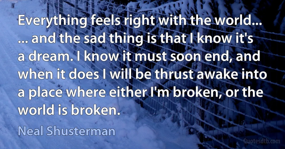 Everything feels right with the world...
... and the sad thing is that I know it's a dream. I know it must soon end, and when it does I will be thrust awake into a place where either I'm broken, or the world is broken. (Neal Shusterman)