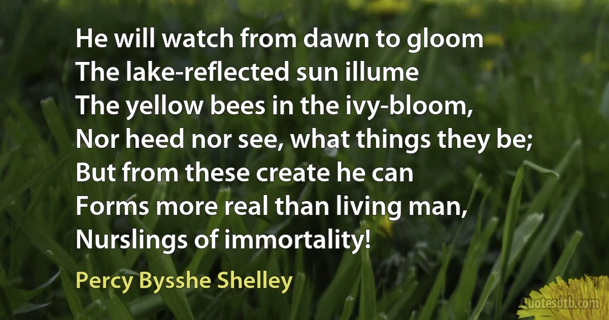 He will watch from dawn to gloom
The lake-reflected sun illume
The yellow bees in the ivy-bloom,
Nor heed nor see, what things they be;
But from these create he can
Forms more real than living man,
Nurslings of immortality! (Percy Bysshe Shelley)