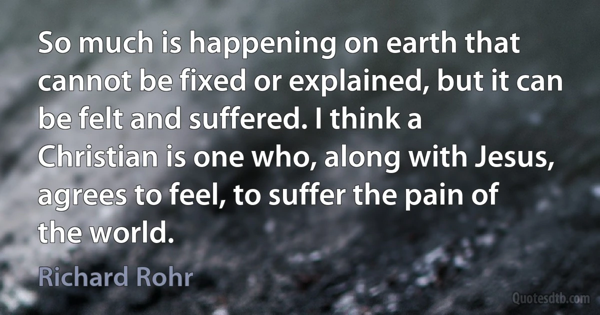 So much is happening on earth that cannot be fixed or explained, but it can be felt and suffered. I think a Christian is one who, along with Jesus, agrees to feel, to suffer the pain of the world. (Richard Rohr)