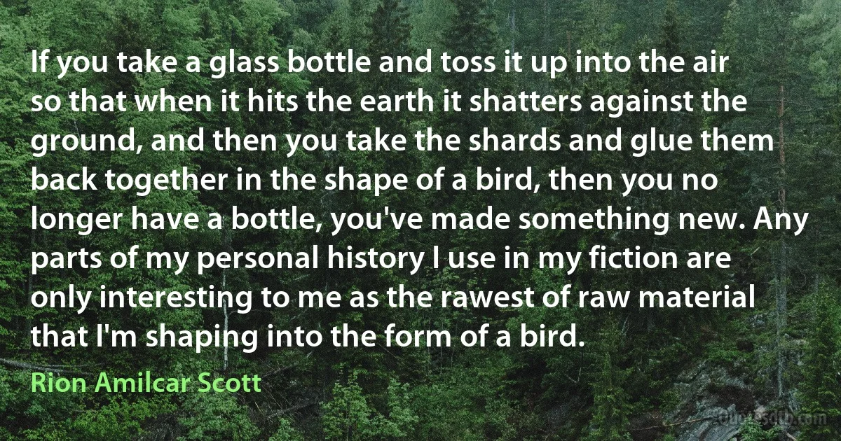 If you take a glass bottle and toss it up into the air so that when it hits the earth it shatters against the ground, and then you take the shards and glue them back together in the shape of a bird, then you no longer have a bottle, you've made something new. Any parts of my personal history I use in my fiction are only interesting to me as the rawest of raw material that I'm shaping into the form of a bird. (Rion Amilcar Scott)