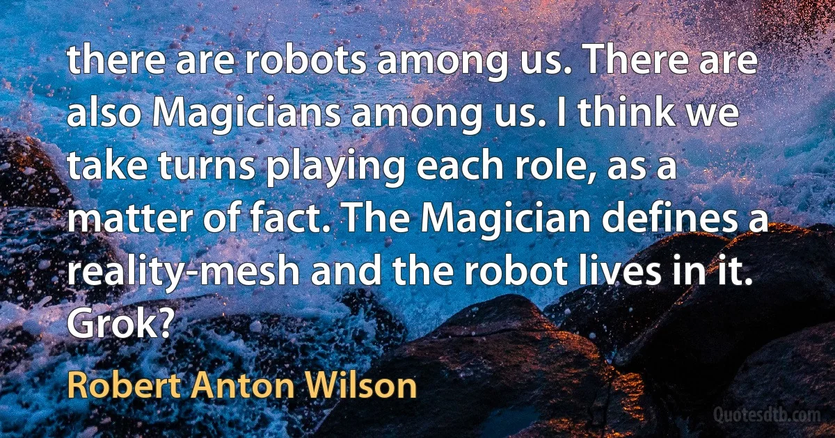 there are robots among us. There are also Magicians among us. I think we take turns playing each role, as a matter of fact. The Magician defines a reality-mesh and the robot lives in it. Grok? (Robert Anton Wilson)