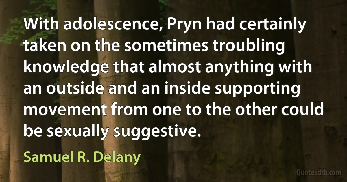 With adolescence, Pryn had certainly taken on the sometimes troubling knowledge that almost anything with an outside and an inside supporting movement from one to the other could be sexually suggestive. (Samuel R. Delany)