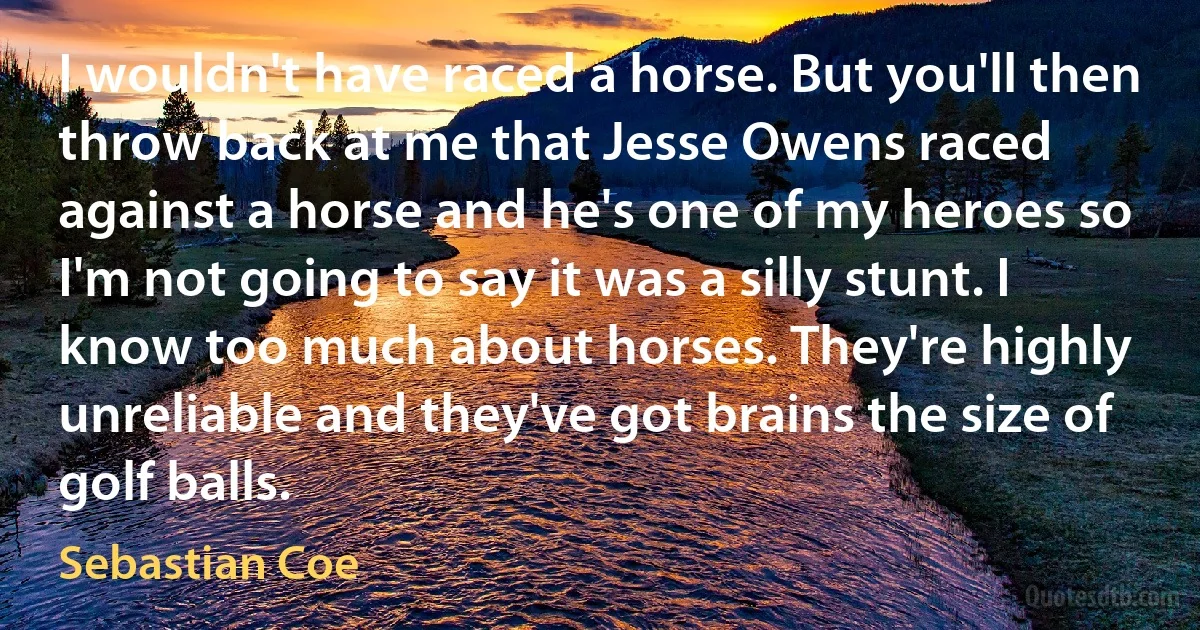 I wouldn't have raced a horse. But you'll then throw back at me that Jesse Owens raced against a horse and he's one of my heroes so I'm not going to say it was a silly stunt. I know too much about horses. They're highly unreliable and they've got brains the size of golf balls. (Sebastian Coe)