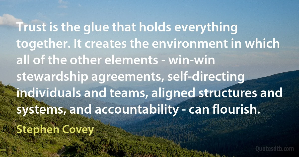 Trust is the glue that holds everything together. It creates the environment in which all of the other elements - win-win stewardship agreements, self-directing individuals and teams, aligned structures and systems, and accountability - can flourish. (Stephen Covey)