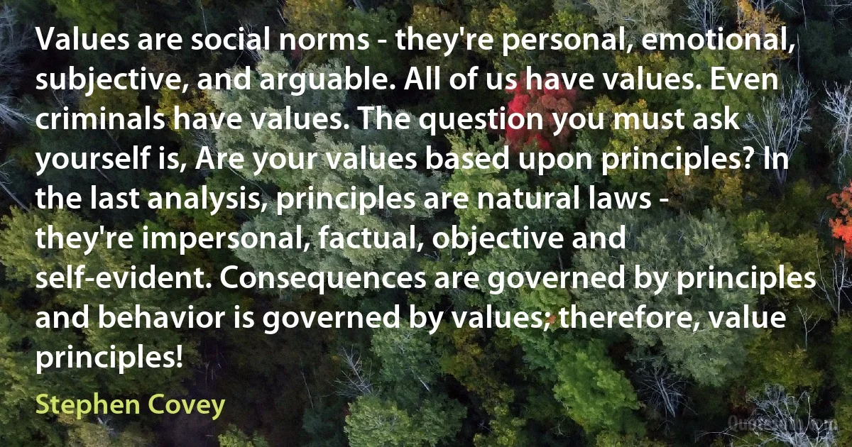 Values are social norms - they're personal, emotional, subjective, and arguable. All of us have values. Even criminals have values. The question you must ask yourself is, Are your values based upon principles? In the last analysis, principles are natural laws - they're impersonal, factual, objective and self-evident. Consequences are governed by principles and behavior is governed by values; therefore, value principles! (Stephen Covey)